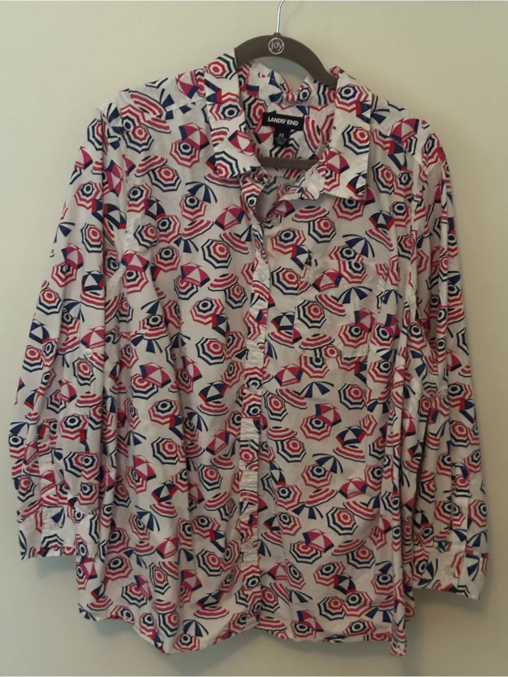 Lands' End Women's Button-Up Shirt in White with Red and Navy Geometric Print